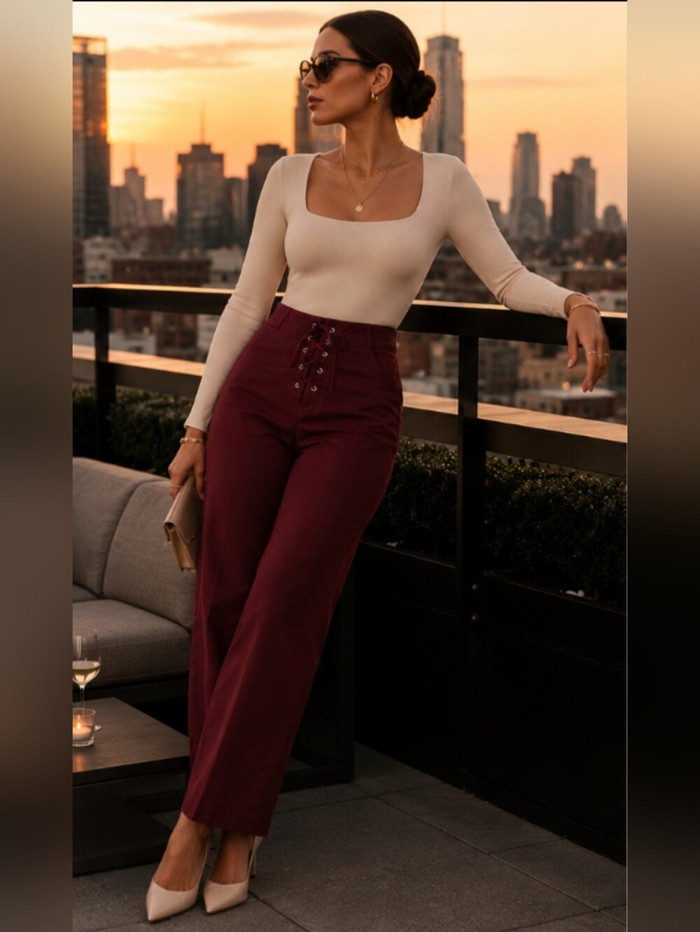 LOFT Cotton Stretch Lace-Up Front Straight Leg Pants Burgundy Wine Size 12 EUC